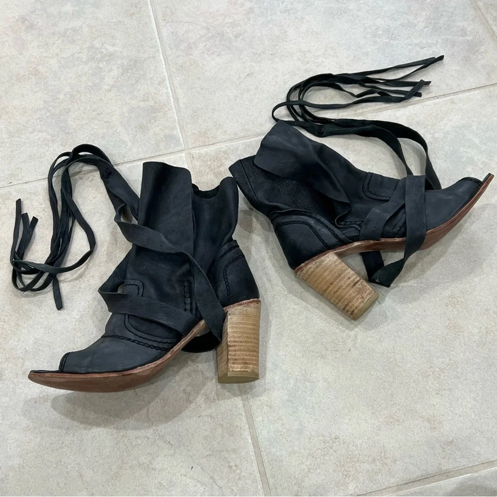Free People Seven Wonders Leather Ankle Boots Open Toe Booties / Dark Charcoal - Picture 5 of 13